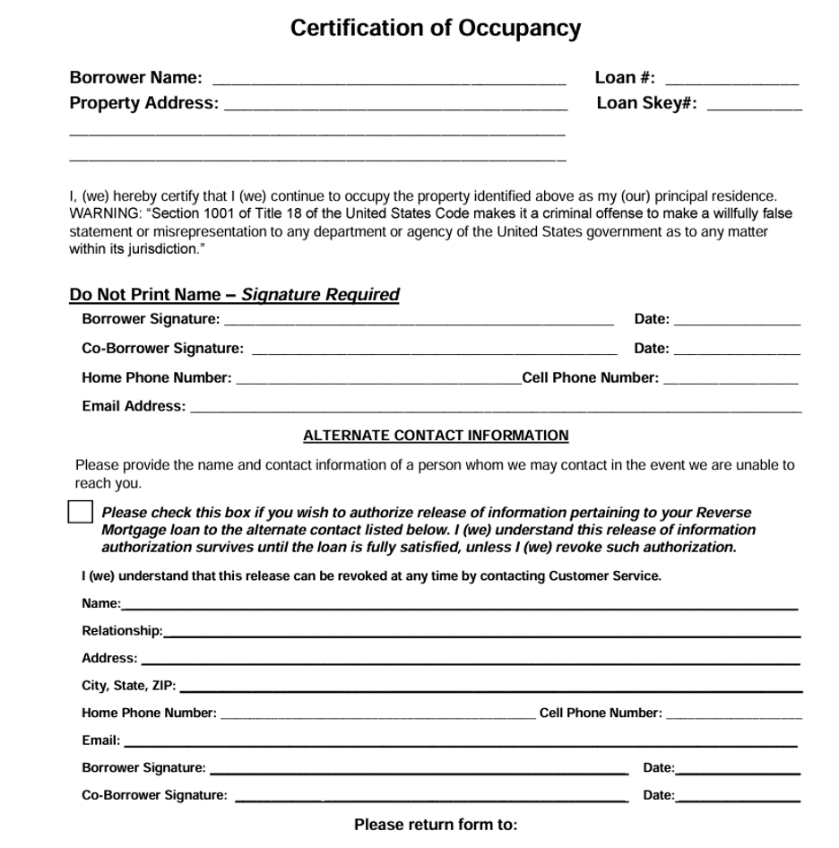 reverse mortgage occupancy certification form