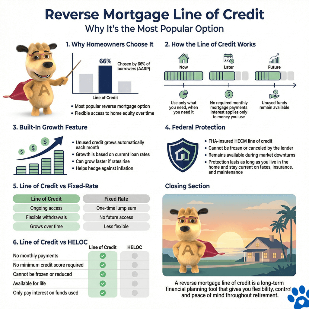 Reverse mortgage line of credit infographic explaining how the FHA-insured HECM credit line works, including growth over time, federal protections, and comparisons to fixed-rate reverse mortgages and HELOCs