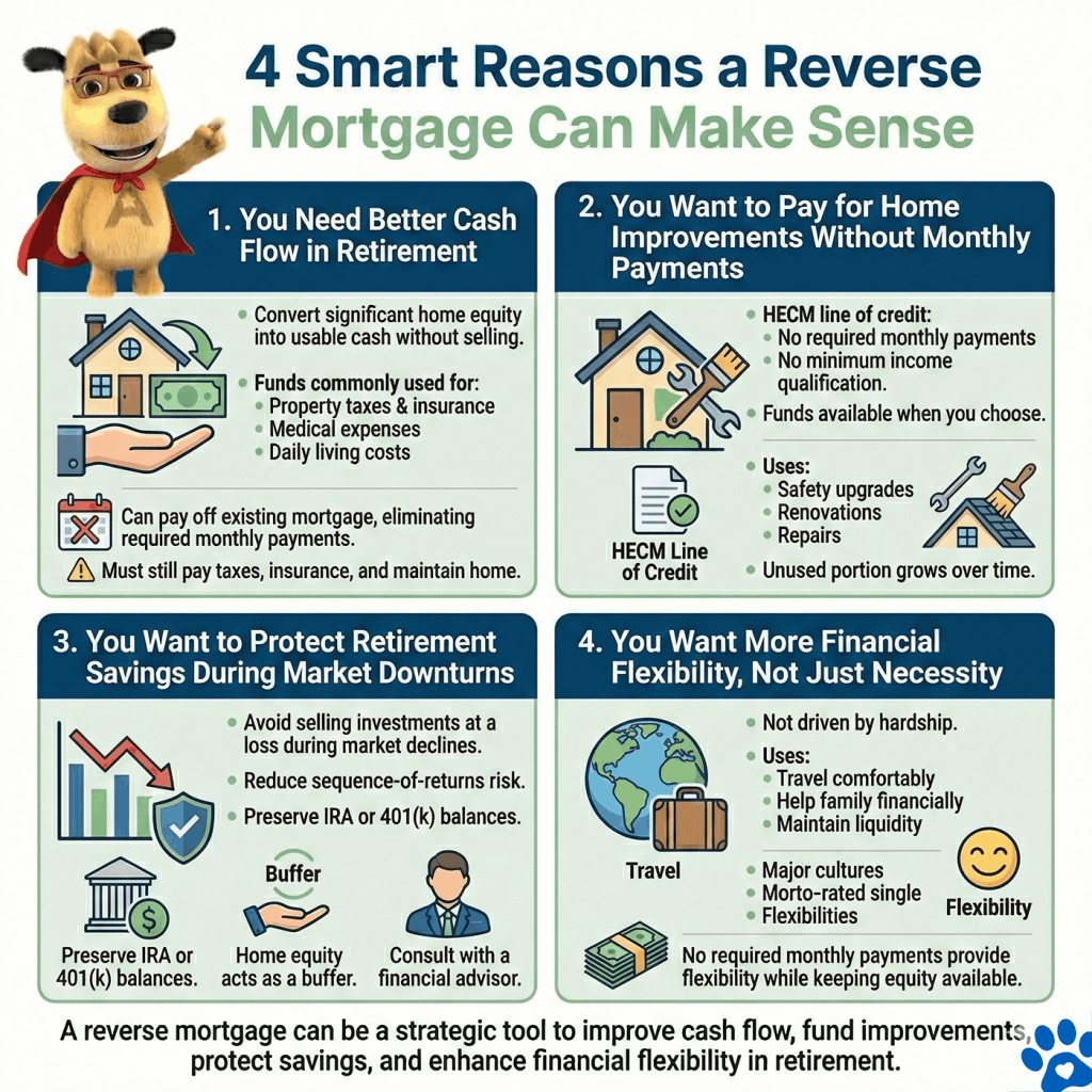 Infographic showing four smart reasons a reverse mortgage can make sense, including improving retirement cash flow, paying for home improvements, protecting savings during market downturns, and increasing financial flexibility.