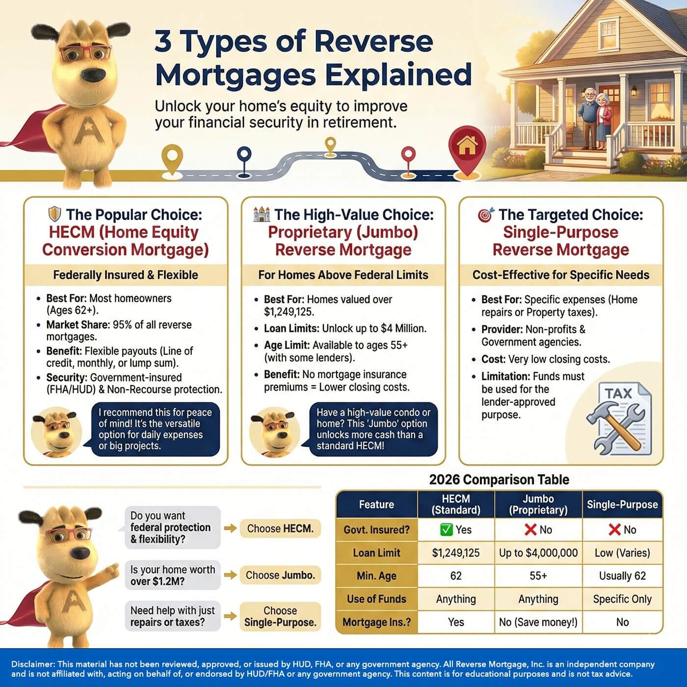 Infographic explaining the three types of reverse mortgages: HECM, jumbo proprietary, and single-purpose, with eligibility, loan limits, and key differences.