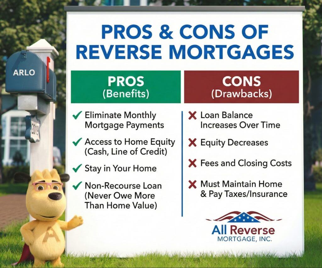 Pros and cons of reverse mortgages shown in a comparison chart with benefits like eliminating monthly mortgage payments and drawbacks like rising loan balance, alongside ARLO character