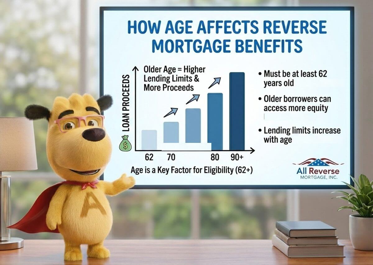 ARLO the dog mascot pointing to a chart that explains how age affects reverse mortgage benefits, showing higher loan proceeds at ages 62, 70, 80, and 90+, with bullet points noting that borrowers must be at least 62 and that older homeowners can access more equity.