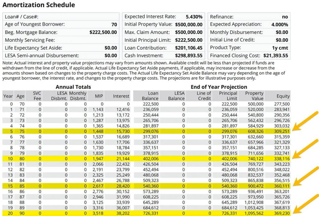 HECM purchase amortization schedule showing a reverse mortgage loan balance and remaining home equity over time for a 70-year-old borrower, with projections at ages 75, 80, 85, and 90.