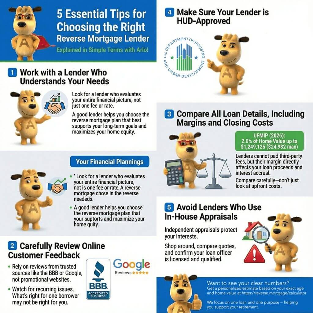 5 essential tips for choosing the right reverse mortgage lender, including HUD approval, loan cost comparison, independent appraisals, and customer reviews, illustrated with Arlo the guide.