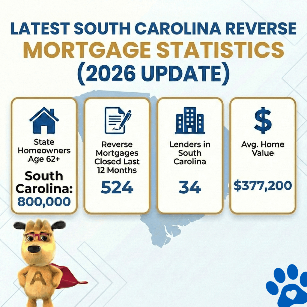South Carolina reverse mortgage statistics for 2026 showing 800,000 homeowners age 62 and older, 524 reverse mortgages closed in the last 12 months, 34 active lenders, and an average home value of $377,200.