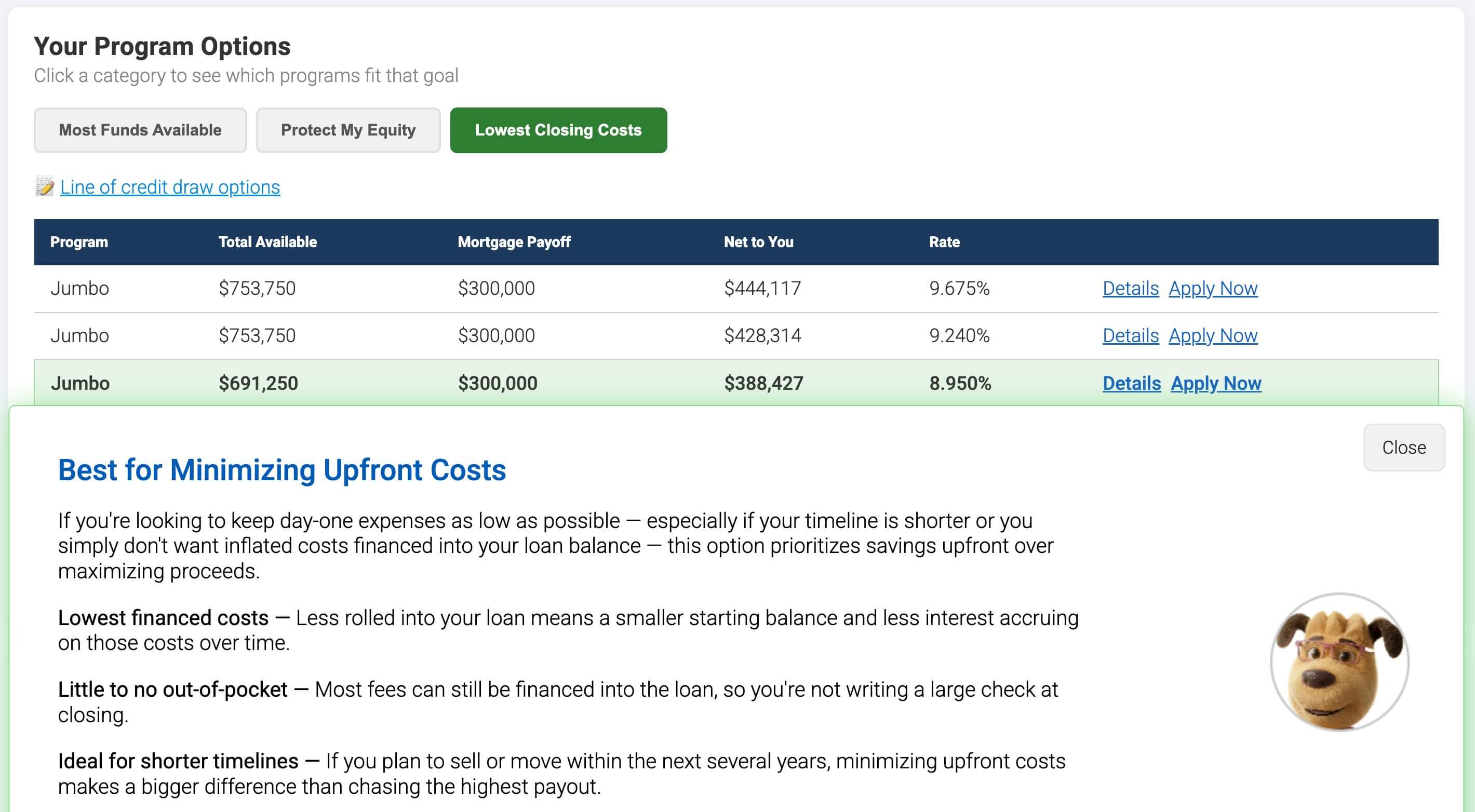 Reverse mortgage calculator showing Lowest Closing Costs view with minimized upfront fee scenarios.