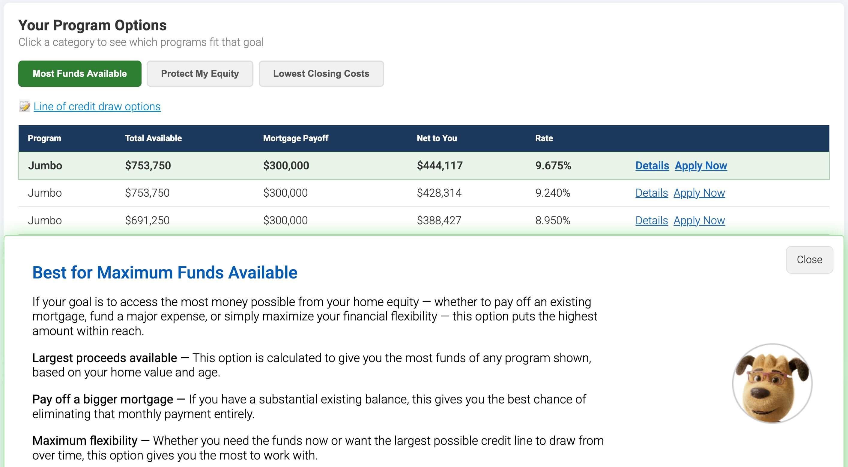 Reverse mortgage calculator showing Most Funds Available view with HECM and fixed-rate options, payouts, and loan balances.