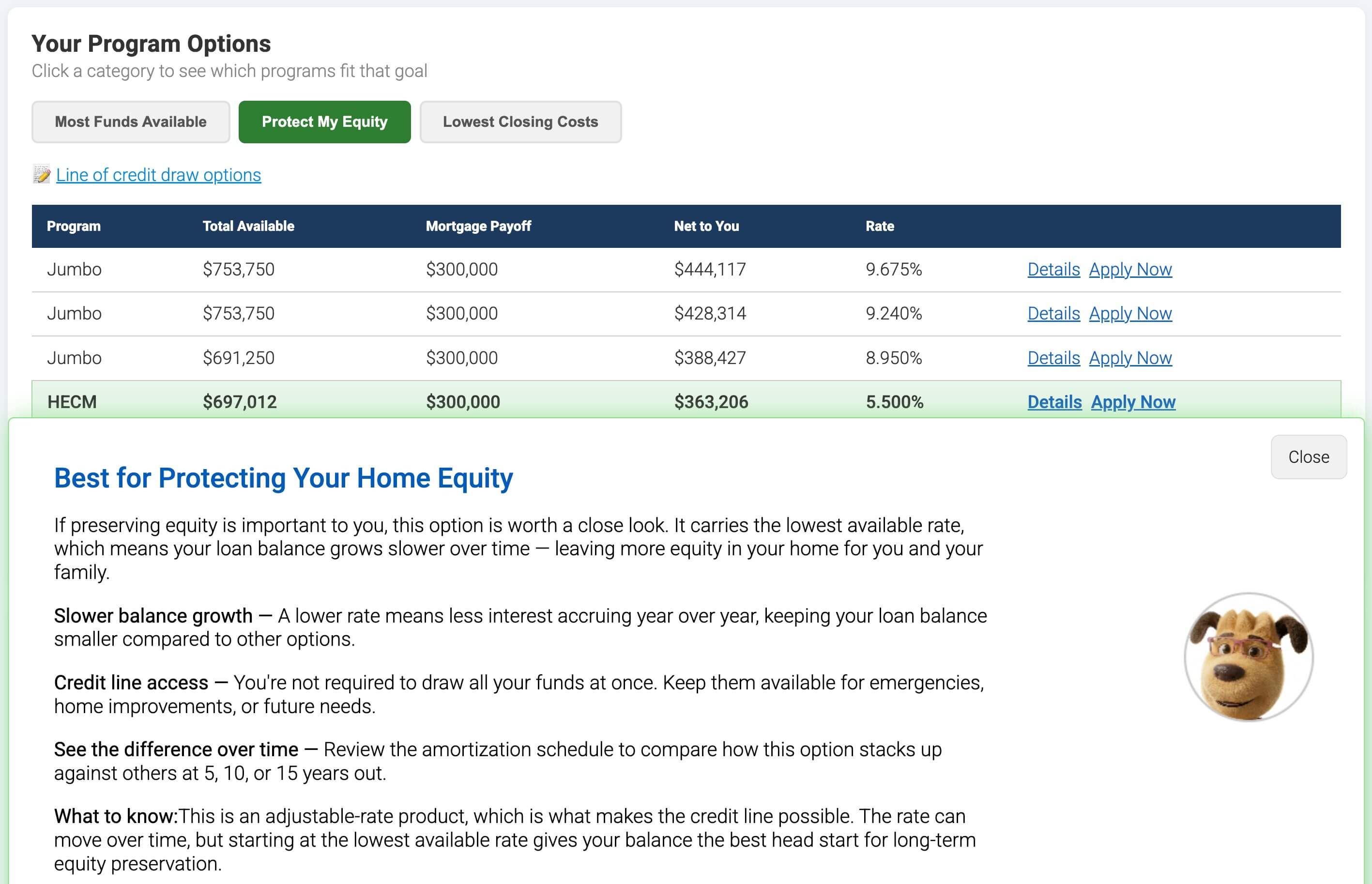 Reverse mortgage calculator showing Protect My Equity view with the lowest-rate HECM option and amortization preview.